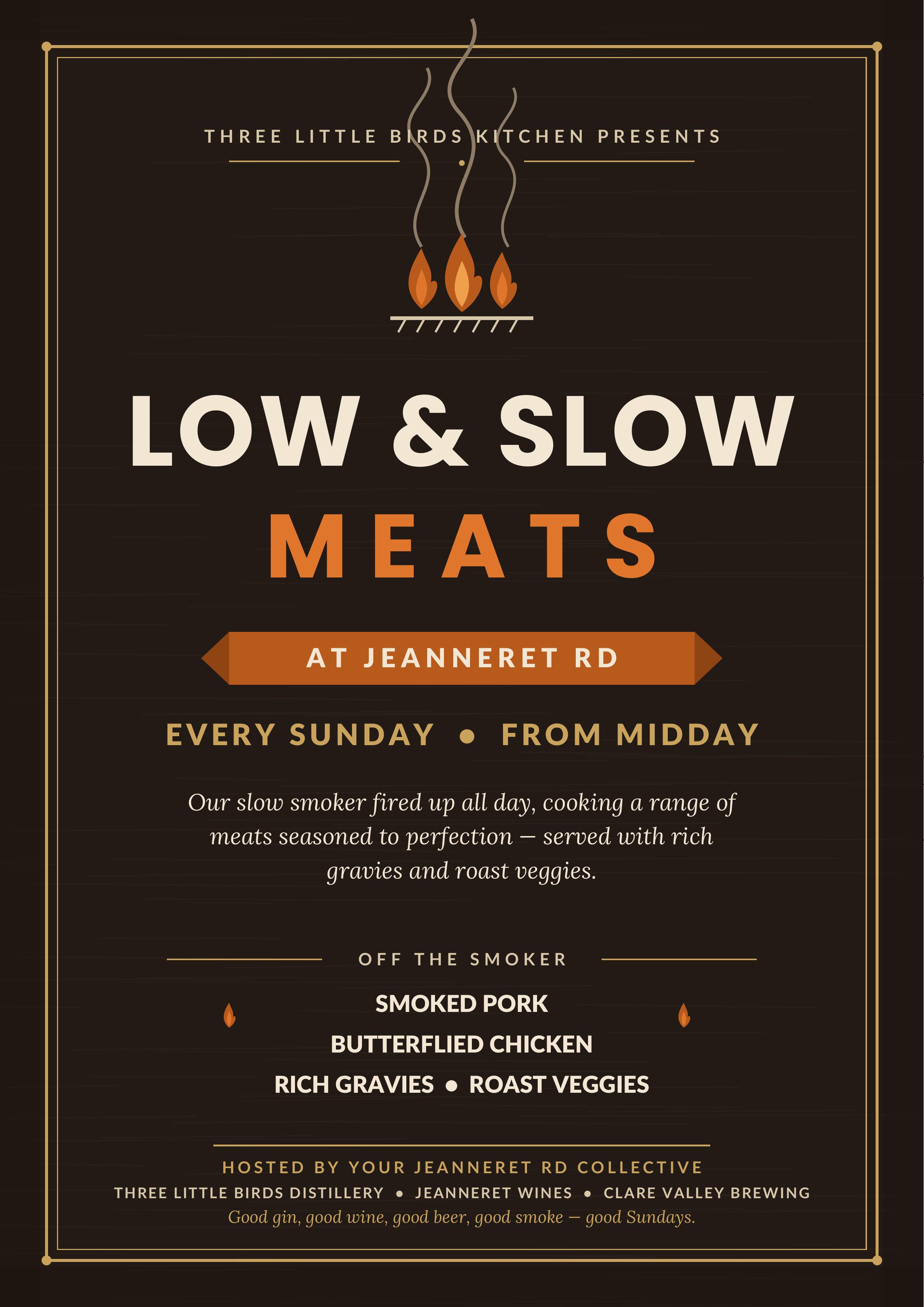 Low & Slow Meats at Jeanneret Rd poster — every Sunday from midday