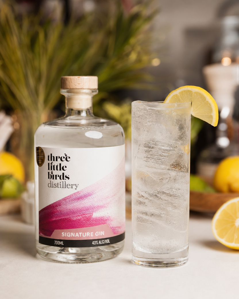 A tall gin and tonic beside a bottle of Three Little Birds Signature Gin, garnished with a lemon wheel