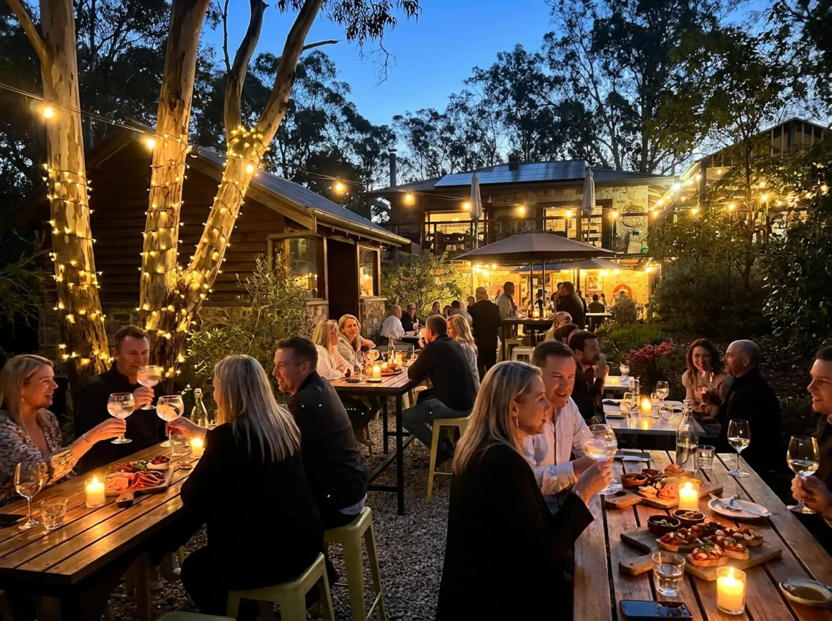 Outdoor lawn and festoon lights at Three Little Birds Distillery at dusk