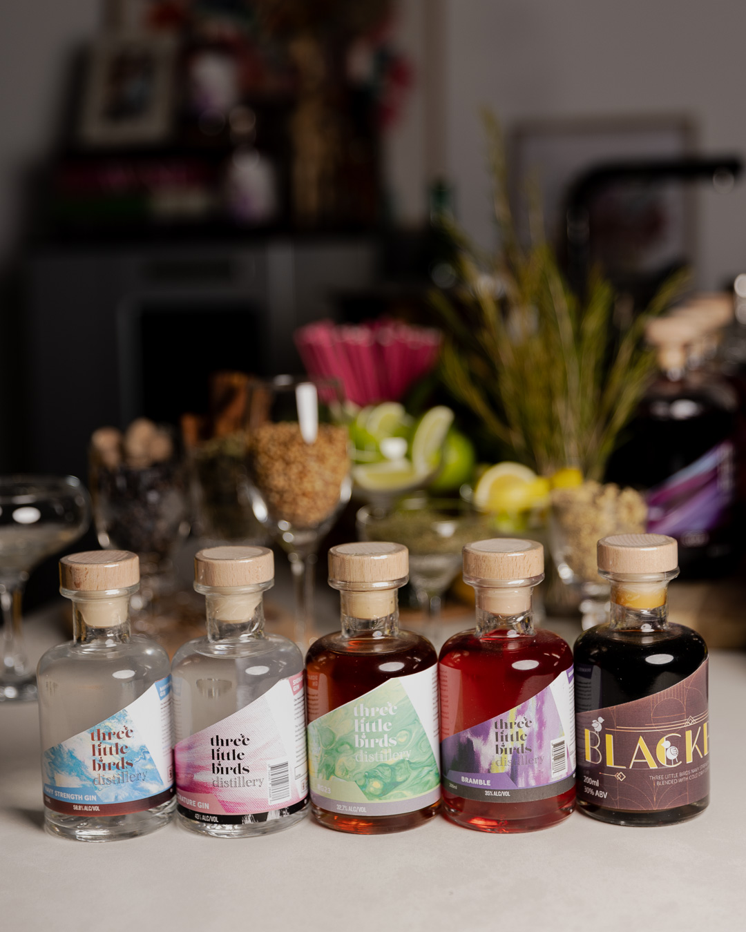200ml bottles of Navy Strength, Signature, SG23 Shiraz, Bramble and Blackbird gin lined up on the bar at Three Little Birds