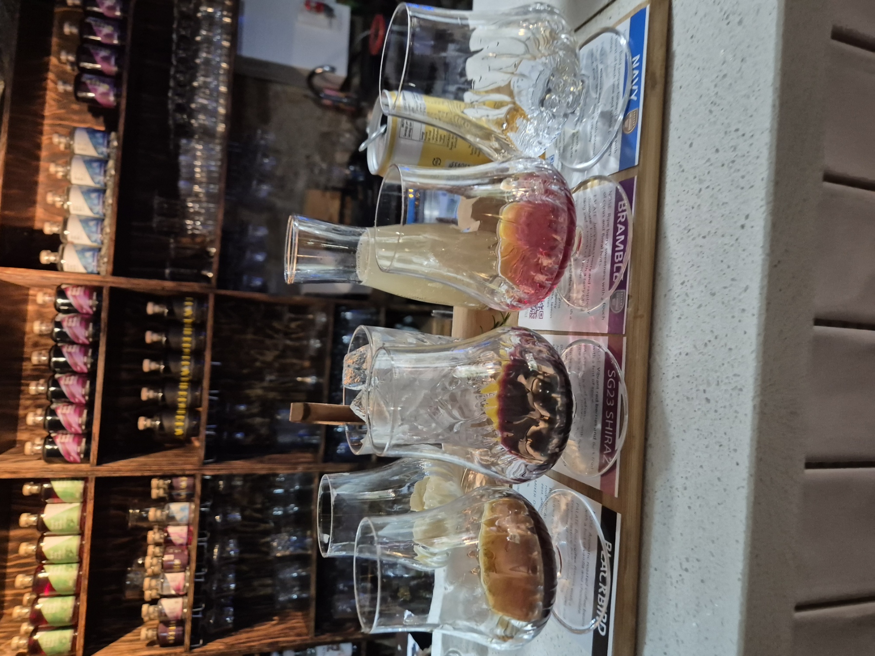 Gin tasting paddle at the Three Little Birds bar with Blackbird, SG23 Shiraz, Bramble and Navy gins and mixers