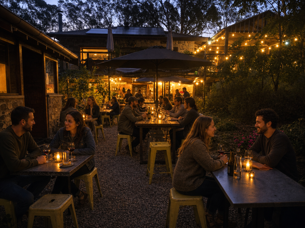 Guests dining outdoors at Three Little Birds Distillery under festoon lights at dusk
